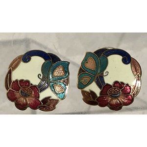 Vtg 80s Round Gold Tone Butterfly Floral Enamel Stud Earrings Cloisonné Retro